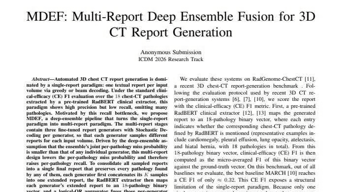 MDEF: Multi-Report Deep Ensemble Fusion for 3D CT Report Generation