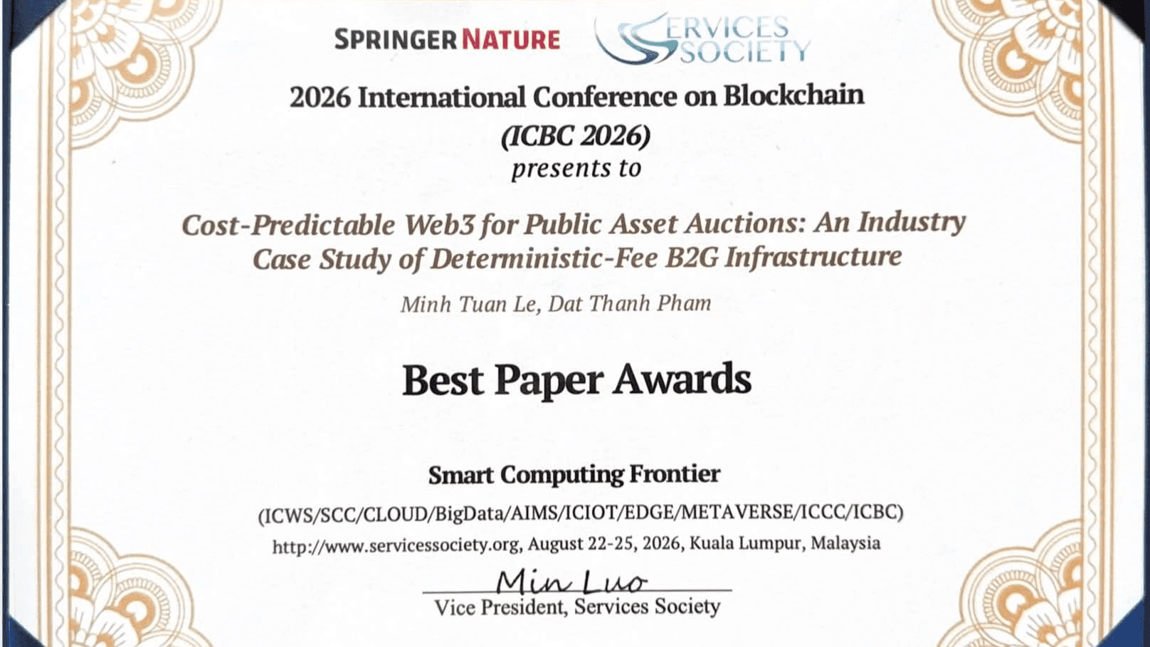 Pham Thanh Dat et al. received 𝗕𝗲𝘀𝘁 𝗣𝗮𝗽𝗲𝗿 𝗔𝘄𝗮𝗿𝗱 at ICBC 2026